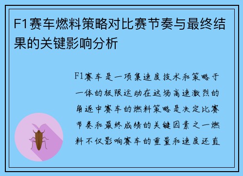 F1赛车燃料策略对比赛节奏与最终结果的关键影响分析