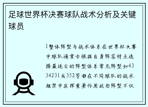 足球世界杯决赛球队战术分析及关键球员